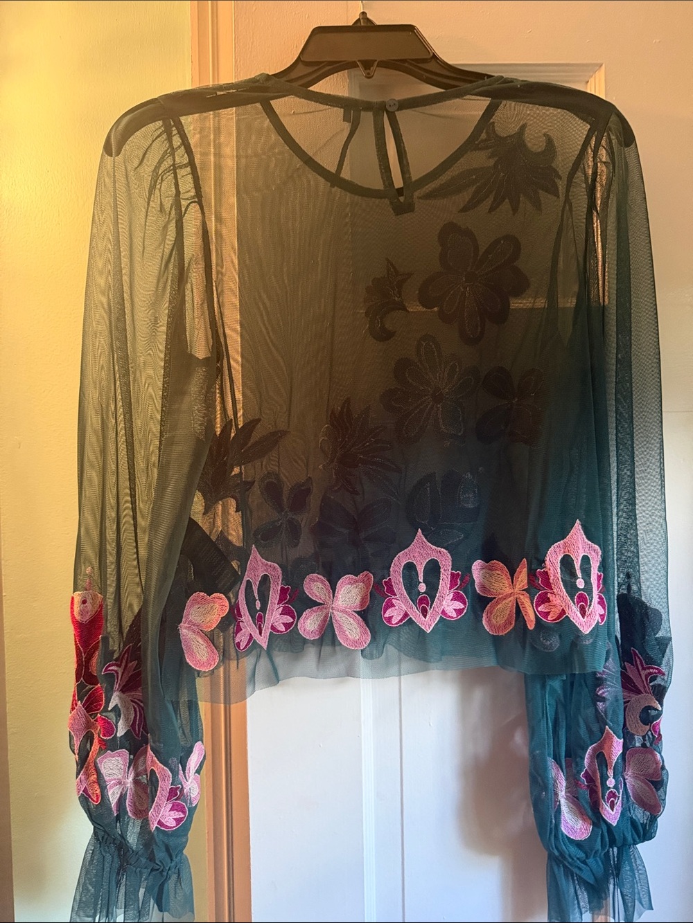 Anthropologie Teal Sheer Mesh Blouse with Pink Floral Embroidery - Picture 3 of 3